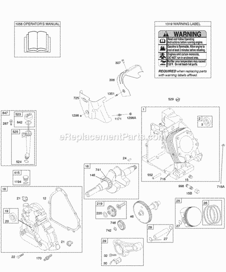 Camshaft Crankcase Cover Crankshaft Cylinder Lubrication OperatorS Manual PistonRingsConnecting Rod Warning Label Diagram and Parts List for 20G412-0100-E1  Briggs and Stratton Engine